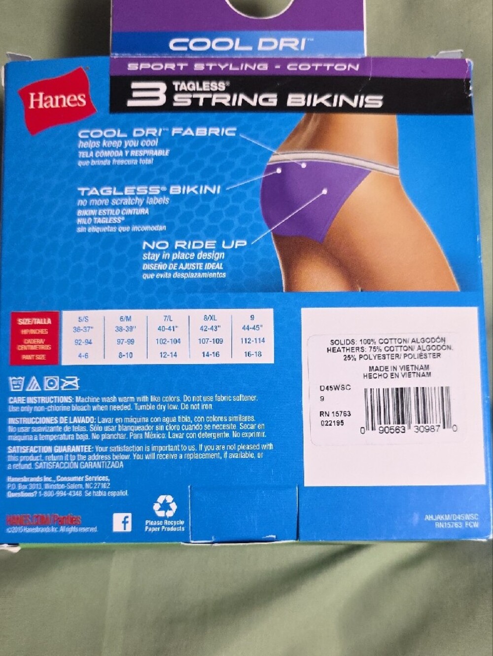 Hanes Women's Cool Dri 3-Pack String Bikinis - Purple, White, Black - Picture 3 of 4